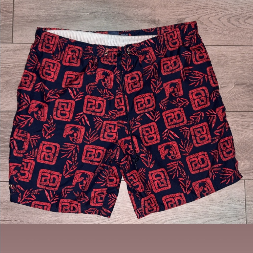 Big Dogs Size Large Mens Swim Trunks Hawaiian Print Red & Blue Lined